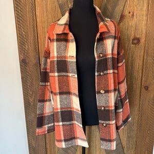 Medium Weight Flannel Plaid Shacket in Orange, Tan Brown